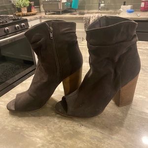 Peep toe chunky dark brown booties